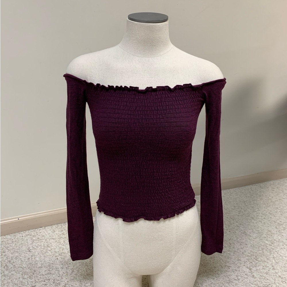 Hollister Burgundy Off-The-Shoulder Long Sleeve Smocked Crop Top